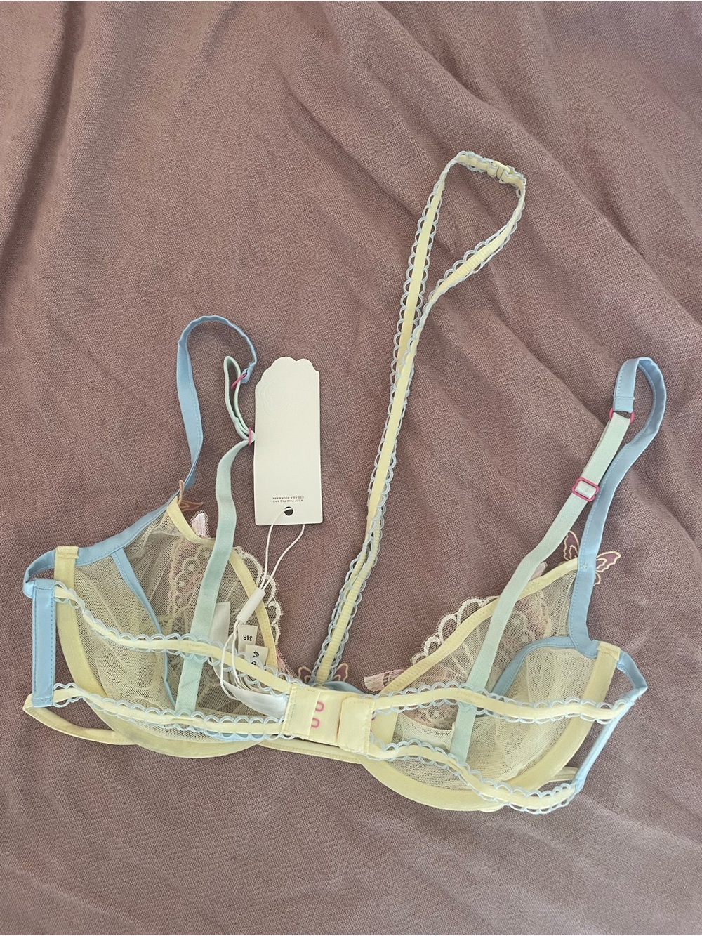For Love And Lemons Butterfly Embroidered Sheer Bra - Pastel Yellow & Blue - Picture 5 of 7